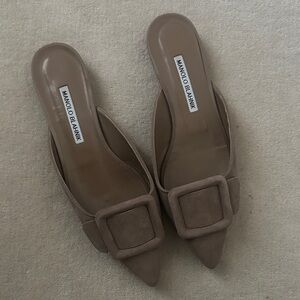 Manolo Blahnik Taupe Suede Pointed Mule with Buckle
